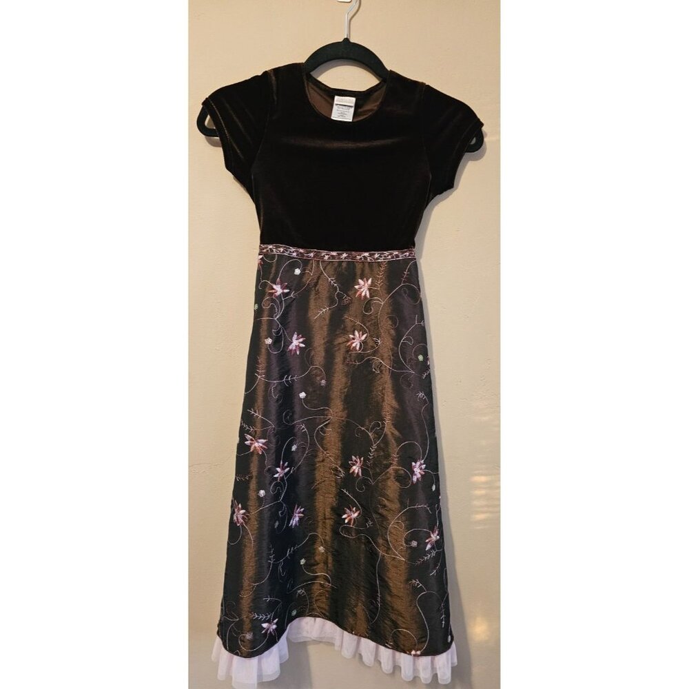 Perfectly Dressed Girls Party Dress Brown Velvet-Emb Tulle Floral Size 8 Elegant